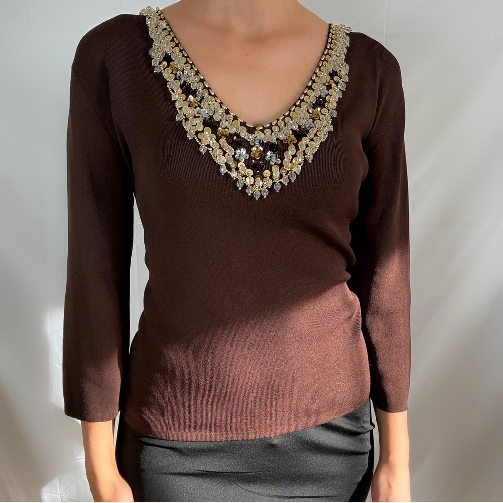 Vintage Y2K brown long sleeve beaded sequin top blouse gold large fairy